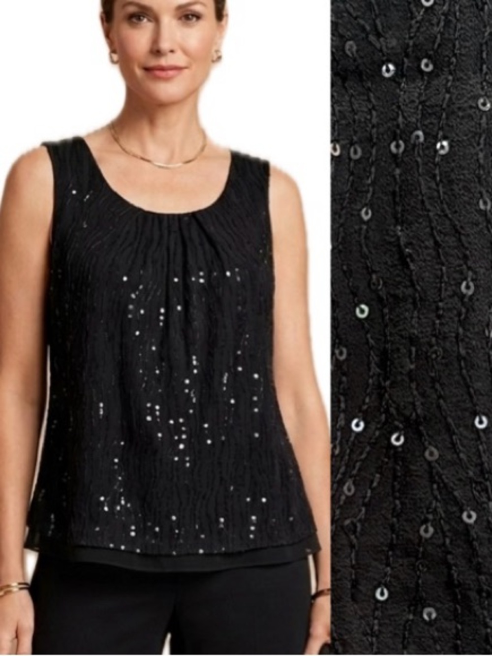Talbots Sequin Embellished 100% Silk Tank Size 12 Black Shirred Flowy Scoop Neck